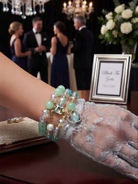 Green Bead and Crystal Charm Bracelet Set